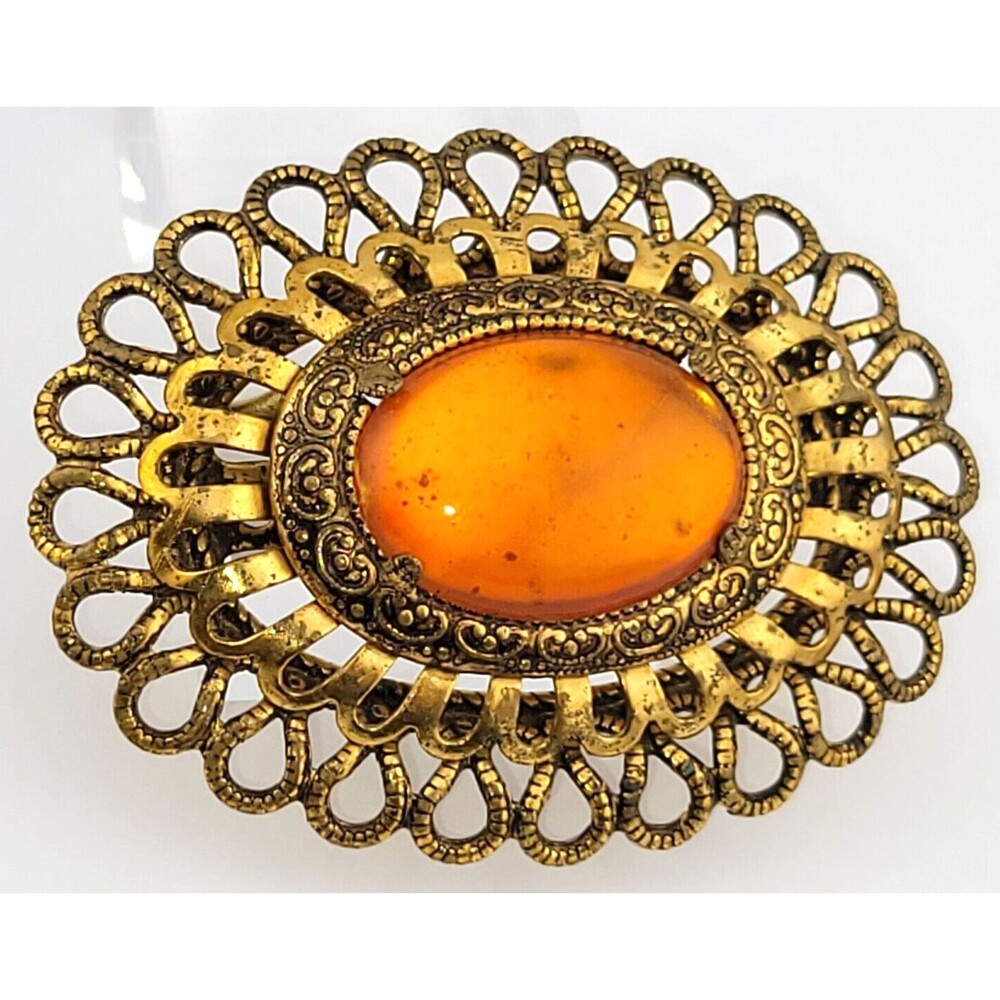 Antique Amber Lucite Cabochon Embossed Gold Filigree Flower Brooch Pin Germany